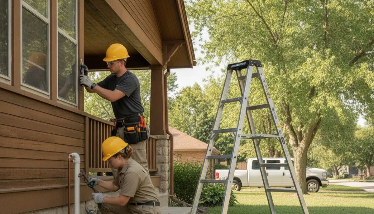 Omaha, NE plumbing repair technician fixing a residential pipe leak with professional tools