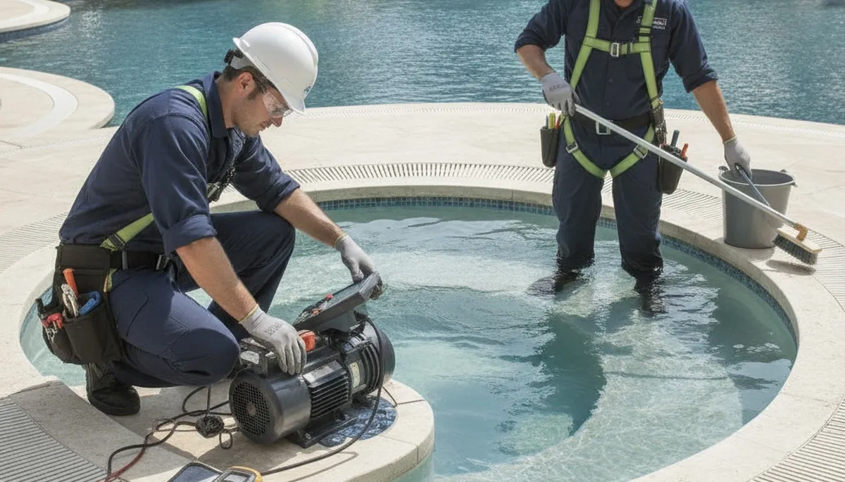 Spa repair technician servicing a home spa in Omaha, NE for reliable plumbing repair